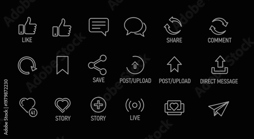 Social media icons on black background.