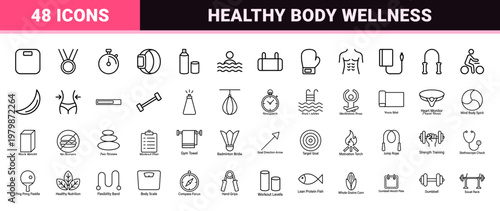 Fitness and wellness minimalist line icon set for healthy lifestyle tracking.