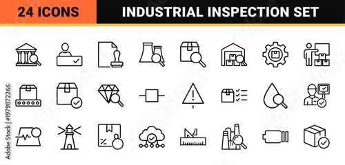 Quality control and industrial inspection outline icon set with manufacturing symbols.