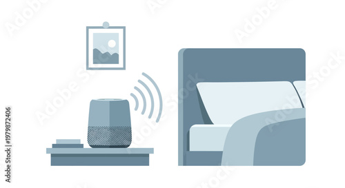 Smart home speaker device placed on a nightstand near a bed. EPS Editable. Vector Illustrations.