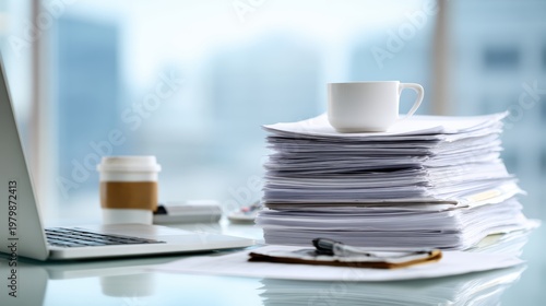 Coffee Cup on Stack of Papers Next to Laptop in Modern Office