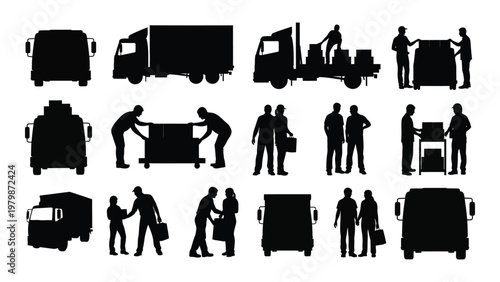 A collection of black silhouette illustrations depicting delivery trucks workers and various loading or interacting scenarios high quality professional detailed modern