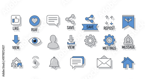 Social media icons and symbols.