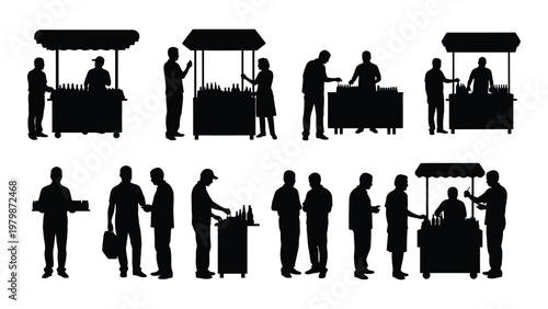 A collection of black silhouette figures depicting people interacting at various food and beverage stalls high quality professional detailed modern elegant