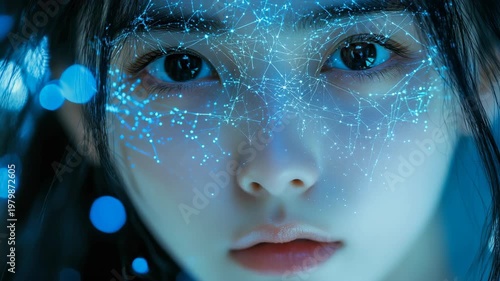 Close-up futuristic portrait young Asian woman female, glowing digital blue grid mapped on face, artificial intelligence, biometrics, innovation, digital identity, data scanning, futuristic technology