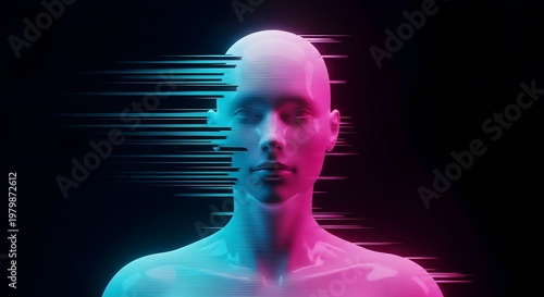 Abstract digital profile with pixel glitch effect. Human identity in the metaverse. Silhouette of a person dissolving into blue and pink data streams