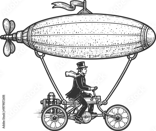 Victorian Pilot Riding Pedal-Powered Airship in Steampunk Style