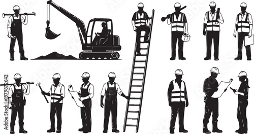Construction workers with excavator and tools in black and white