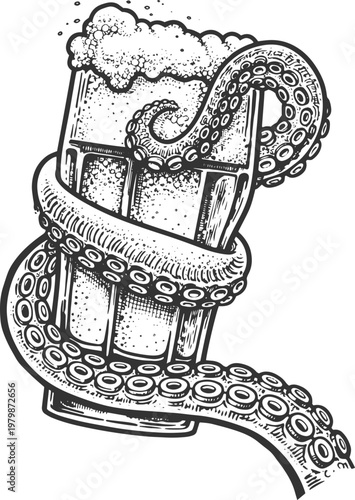 Tentacle Grip on a Frosty Beer Mug in Vintage Engraving Style