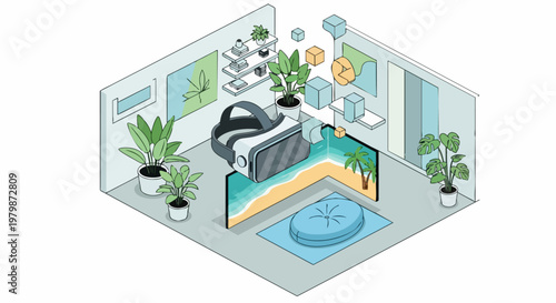 Modern Isometric VR Home Interior Concept with Virtual Reality Goggles, Tropical Beach Escape, and Floating Digital Icons for Metaverse and Technology Themes