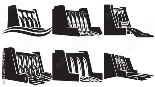 Collection of Six Hydroelectric Dam Vector Silhouettes with Flowing Water, Representing Renewable Energy and Industrial Power Generation Infrastructure Icons