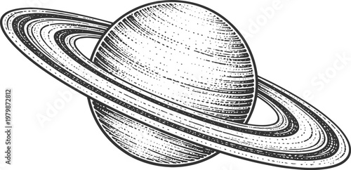 Saturn-like Planet with Detailed Rings in Black and White Illustration