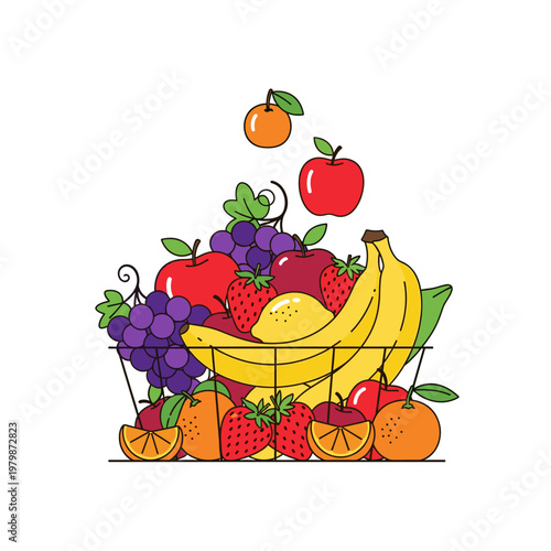 A vibrant illustration of a bountiful fruit basket filled with fresh bananas, apples, grapes, strawberries, and oranges.