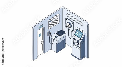 Isometric Automated Health Check-up Kiosk in Clinical Room, Telemedicine Booth with Blood Pressure Monitor and Diagnostic Equipment, Self-Service Medical Station