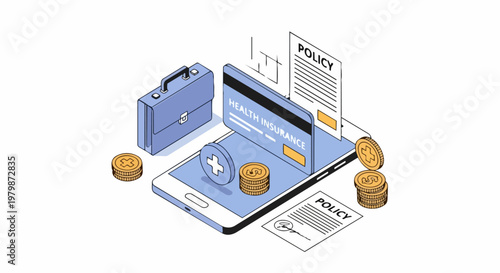 Online Health Insurance and Medical Policy Concept Isometric Illustration with Smartphone, Documents, and Coins