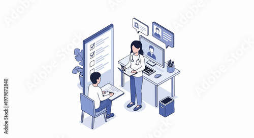 Isometric Telemedicine Illustration: Online Medical Consultation and Digital Health Checklist Concept