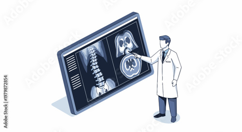Doctor analyzing digital spine and brain X-ray scans on large screen, medical diagnostic technology concept