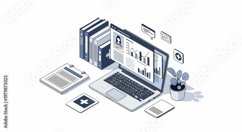 Isometric Medical Data Management and Healthcare Analytics Illustration with Digital Patient Records on Laptop and Office Supplies