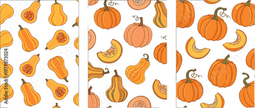 Pumpkin and Butternut Squash Seamless Pattern Collection with Autumn Vegetables Repeating Background for Fall Harvest Design Vector Illustration