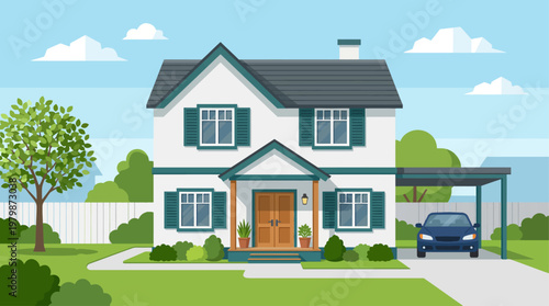 Modern Suburban House Flat Vector Illustration with Carport and Garden
