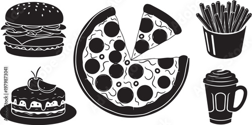 Food icons set with pizza, burger, cake, fries, and coffee