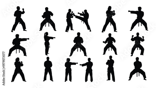 A collection of silhouetted figures demonstrating various martial arts poses including karate and self defense techniques high quality professional detailed modern