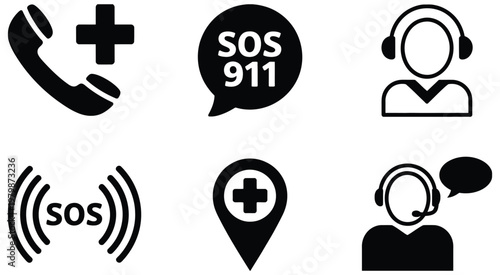 Emergency, call and medical dispatcher icon collection, support and rescue symbols, healthcare service illustration, ambulance and hotline design, flat vector graphics for apps, websites, and 