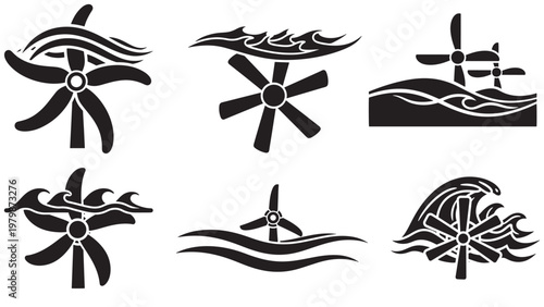 Minimal black-and-white vector icons of tidal energy turbines and hydrokinetic power generation from ocean waves, symbolizing sustainable clean renewable energy.