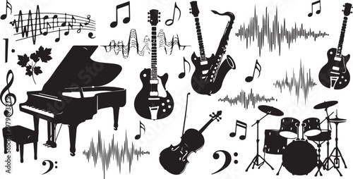 Musical Instruments and Notes in Black and White Silhouette Style