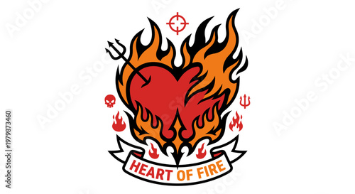 Heart of Fire Emblem: A striking emblem showcasing a fiery heart, symbolizing passion and intensity, accompanied by symbolic elements of fire and target, with a banner proclaiming its essence.