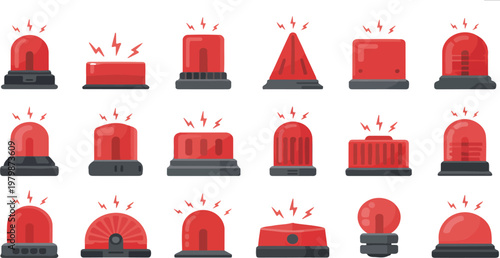 Fotografía Emergency siren icon set with red beacon alarm lights, glossy flashing police an