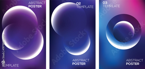 Set of abstract cosmic posters with glowing spheres and gradients. 
