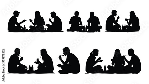 A group of people are depicted in silhouette seated on the ground enjoying a meal together outdoors high quality professional detailed