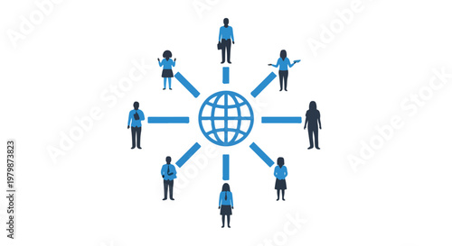 A blue globe icon sits at the center, connected by lines to eight diverse human silhouettes, symbolizing a global team or worldwide social network.