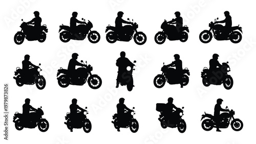 A collection of black silhouettes depicts various motorcycle riders and scooters in different poses and styles high quality professional detailed modern