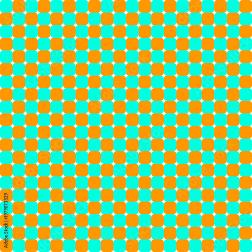 A vibrant and seamless geometric background pattern consisting of alternating cyan and orange rounded squares in a checkered arrangement.