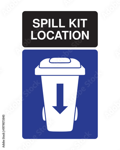 Spill Kit Location Safety Sign Vector with Bin Icon and Down Arrow, Blue and Black Design for Spill Response Equipment Identification, Workplace Industrial Safety Signage