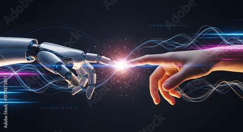 Robotic hand touching human finger with energy spark. Artificial intelligence and human collaboration. Cyborg arm reaching out to person with glowing light connection.