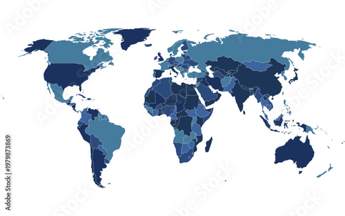 High-quality vector world map in Natural Earth projection. Featuring a modern blue color palette with white country borders. Antarctica is excluded for a cleaner look. 