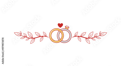 Wedding Rings with Heart and Leaves.