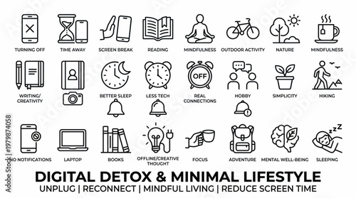 Conceptual Icons Promoting Digital Detox and Mindful Living, Encouraging Disconnection from Technology for a Balanced and Simpler Lifestyle