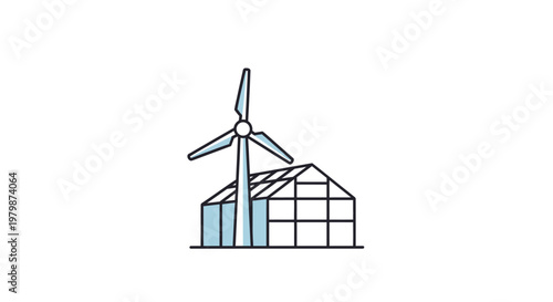 Wind turbine next to greenhouse building.
