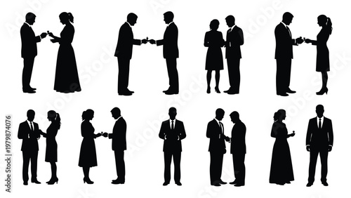 A collection of black silhouette figures depicting business people shaking hands and interacting in professional settings high quality detailed modern elegant