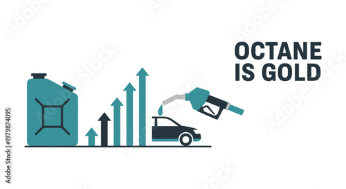 Fuel price increase graph with car and gas pump in teal color for finance and economy