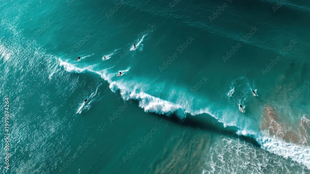Fototapeta premium Aerial View of Surfers Riding Waves in Turquoise Ocean Water