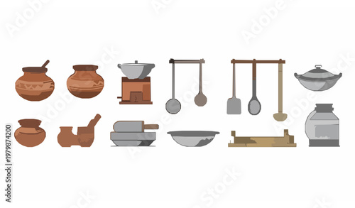 Village kitchen utensils and traditional cooking tools flat line vector icons with decorative details
