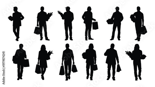 A collection of twelve black silhouette figures depicting people seemingly engaged in shopping carrying bags and items high quality professional detailed
