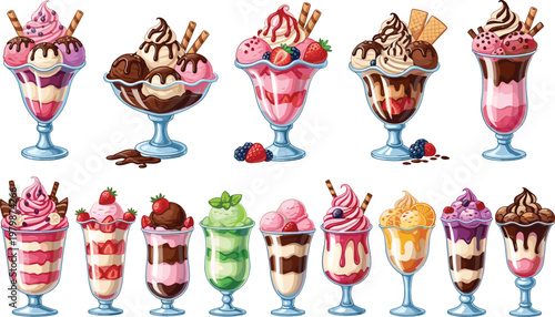 Ice Cream Sundae Collection with Chocolate Strawberry and Vanilla Dessert Glasses Set for Sweet Menu Cafe Design Vector Illustration