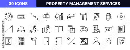 Minimalist real estate and property management outline icon collection.