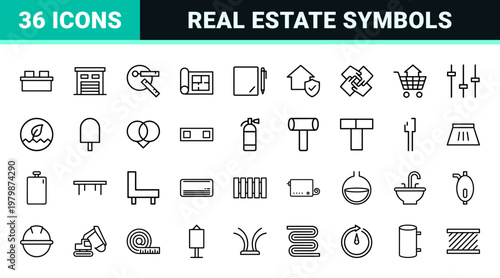 Minimalist real estate and residential property line icon set.